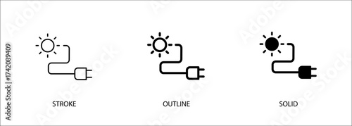 Plug icon with sun for energy, light, electricity. Editable vector stroke icon, outline and solid. Eps10 file.