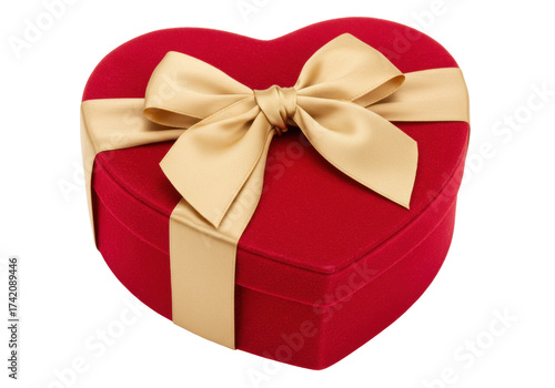 Red heart-shaped gift box with golden ribbon isolated PNG, romantic present for Valentine s Day