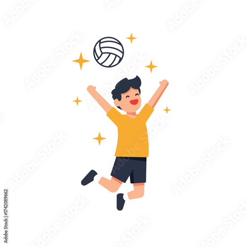 A cheerful young boy in a vibrant yellow shirt jumps with pure excitement, celebrating a successful volleyball play, radiating joy and accomplishment.