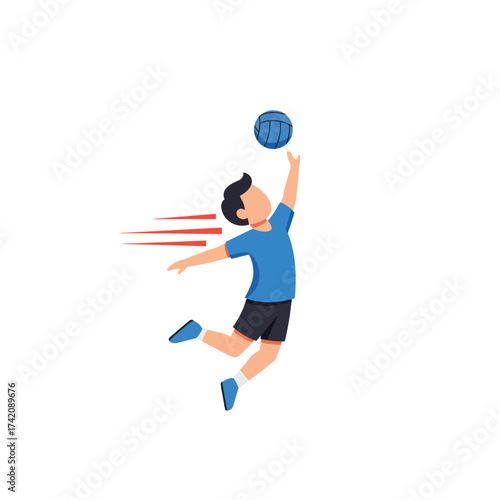 An energetic illustration of a young boy in a blue shirt leaping high to spike a volleyball, capturing the dynamic motion of youth sports with speed lines.