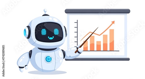 Friendly robot presenting business growth on a chart, illustrating data analysis and market trends for financial success, ideal for AI and technology concepts
