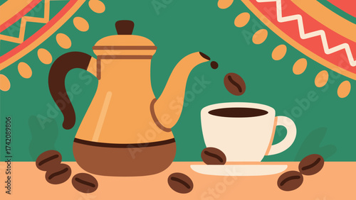 Coffee pot pouring coffee into a cup with scattered coffee beans