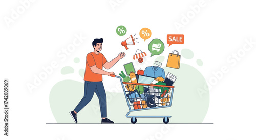 Cheerful Man With Shopping Cart, Promotional Icons, And Sale Banners