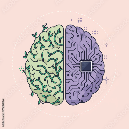 Stylized brain split into organic and digital halves with chip