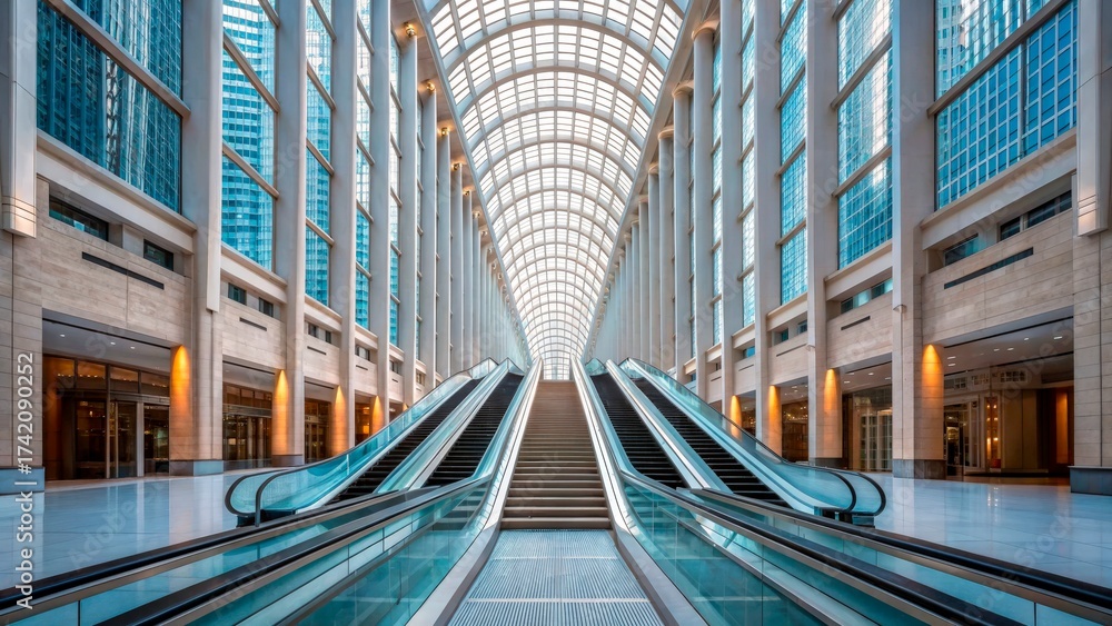 Fototapeta premium Modern indoor shopping center features glass architecture with escalators for easy access to upper levels in a bustling city