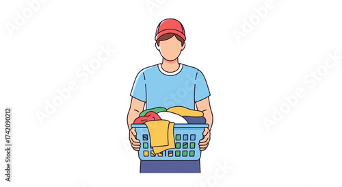 A person wearing a red cap and blue t-shirt holding a laundry basket filled with colorful clothes