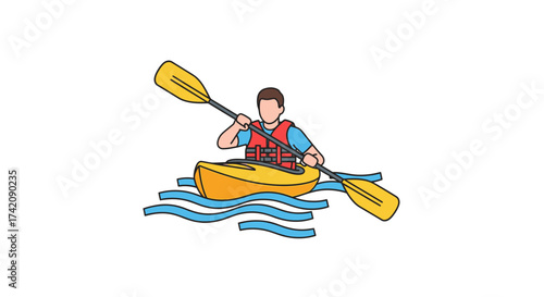 A flat design vector illustration of a person in a life vest paddling a yellow kayak on blue water, representing outdoor water sports and recreation