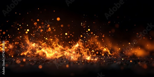 Fiery flames dance across a dark backdrop, with glowing sparks and light flares emanating from the burning fire, generating an energetic visual with an intriguing ambiance on the blurred foreground