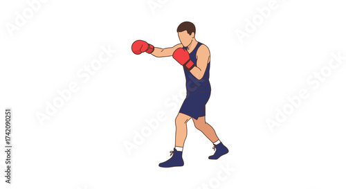 Vector illustration of a male boxer in a fighting stance with red gloves. A sportsman character practicing his punch for combat sport competition