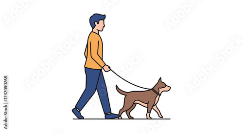Simple graphic of a young man walking his dog on a leash, highlighting the joy of companionship and routine outdoor exercise
