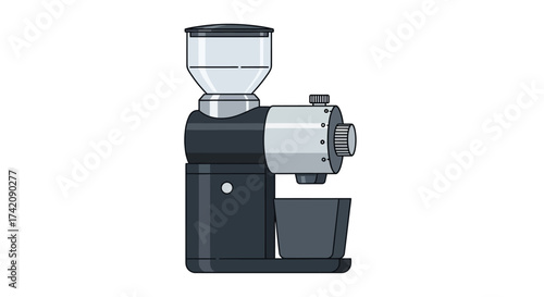 Flat design vector illustration of a modern electric coffee grinder, a kitchen appliance for grinding fresh beans