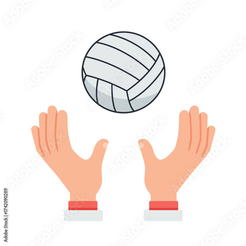 An engaging flat vector illustration depicts two human hands poised to hit a classic striped volleyball, representing teamwork and athletic play.