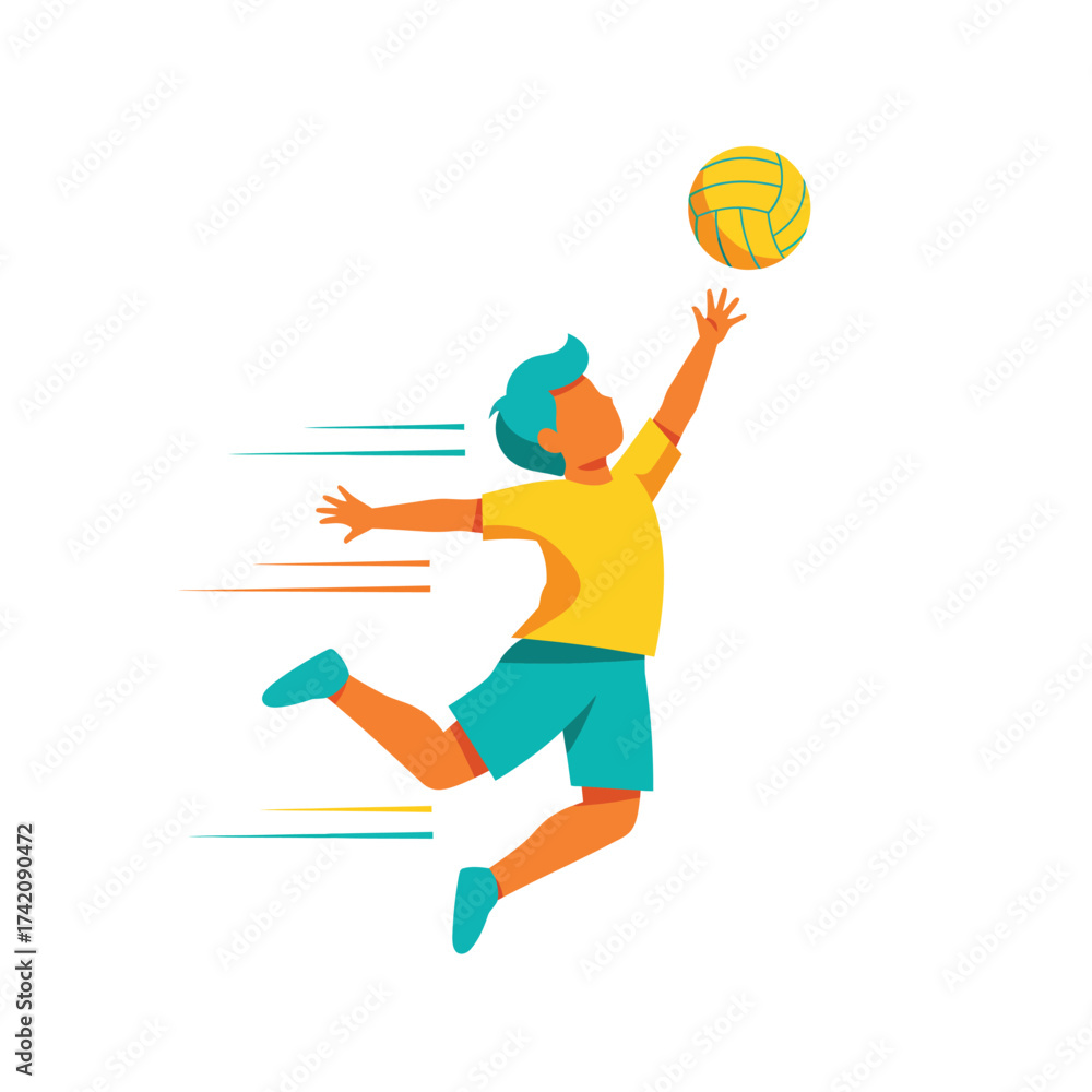 Fototapeta premium A dynamic young boy in vibrant sportswear leaps gracefully to spike a volleyball during an energetic game, showcasing athletic prowess and teamwork.