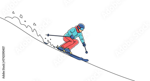 Vibrant vector illustration of a person skiing down a snowy mountain slope, capturing the exhilarating speed and dynamic movement of winter sports and outdoor alpine adventures