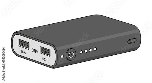Monochrome line art illustration of a portable power bank with dual USB ports and LED indicators for charging electronic devices on the go