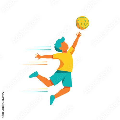 A dynamic young boy in vibrant sportswear leaps gracefully to spike a volleyball during an energetic game, showcasing athletic prowess and teamwork.