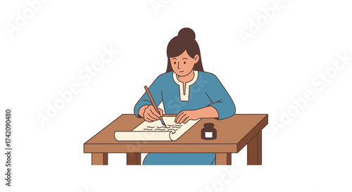 A vintage illustration of a historical woman writing a letter on a parchment scroll with a quill pen and ink at her desk