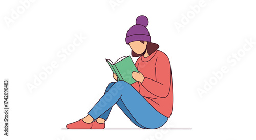 A cozy illustration of a person wearing a winter hat and sweater, engrossed in reading a book while sitting down, conveying a sense of relaxation and quiet enjoyment