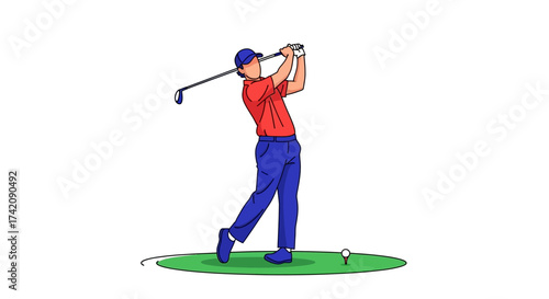 Dynamic vector illustration depicting a male golfer in peak swing motion, executing a powerful drive on the green with athletic form. Ideal for sports and active lifestyle themes