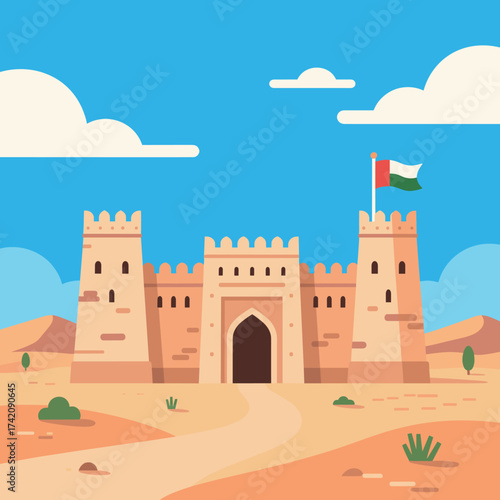 Desert Fortress with UAE Flag Under Blue Sky