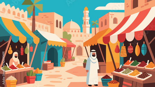 Arabic Marketplace Scene with Stalls and People