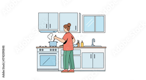 Woman cooking a homemade meal in a modern kitchen, stirring a steaming pot on the stove. A vector illustration of a daily domestic lifestyle