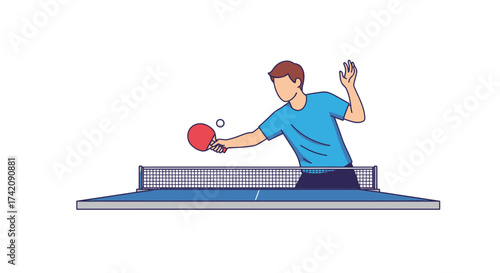 Man Playing Ping Pong Table Tennis Game with Paddle and Ball
