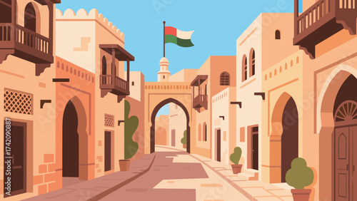 Idyllic street in a historical town with Madagascar flag