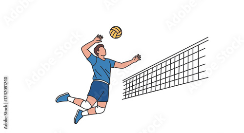 Illustration of a male volleyball player jumping to spike the ball over the net. A dynamic concept of athletic action and team sport competition