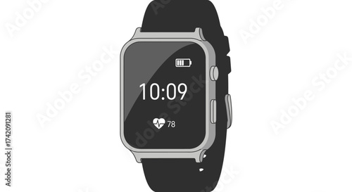 A sleek smartwatch with a black band displays the time 10:09 on a plain white background.