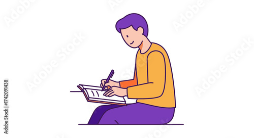 Illustration of a focused young man sitting and writing in a notebook with a pen on a white background in a minimalist style with purple and orange hues.