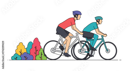 Line art illustration of two cyclists riding side by side in colorful outfits against a white background