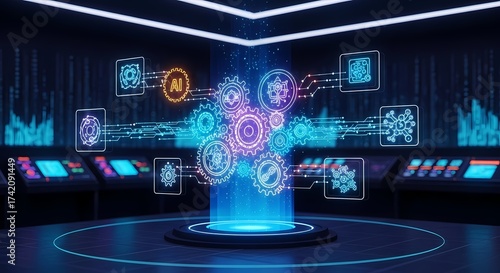 Wallpaper Mural Explore cutting-edge AI technology with this futuristic interface, showcasing vibrant neon gears and digital displays for innovative solutions and powerful data analytics Torontodigital.ca