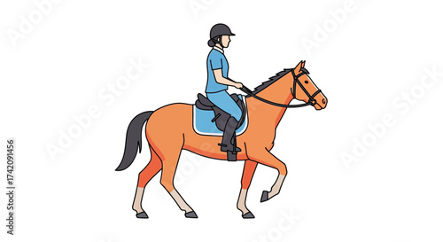 A woman riding a brown horse in a blue outfit and black helmet.