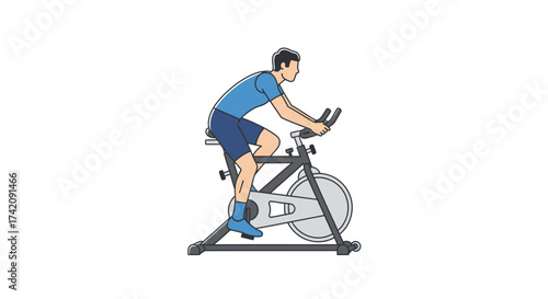 Man riding a stationary exercise bike in a blue shirt and shorts with a white background
