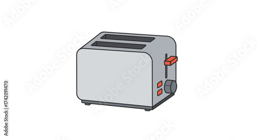 Illustration of a gray toaster with orange accents on a white background