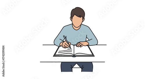 Illustration of a man studying with a book and pen on a desk