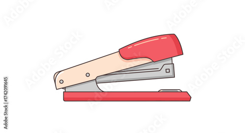 A red stapler with a beige base on a white background.