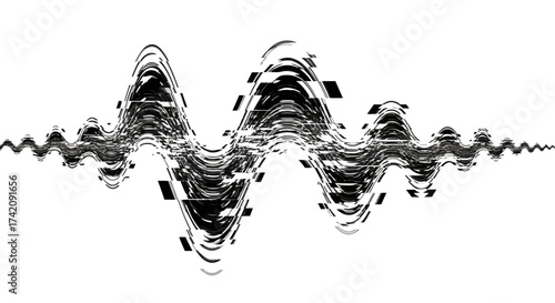 Abstract monochrome wave pattern with fractured lines and blocks on white background