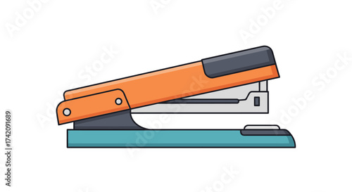 Flat lay illustration of an orange and black stapler on a teal base against a white background