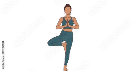 Illustration of a woman in a yoga pose with hands together on a white background