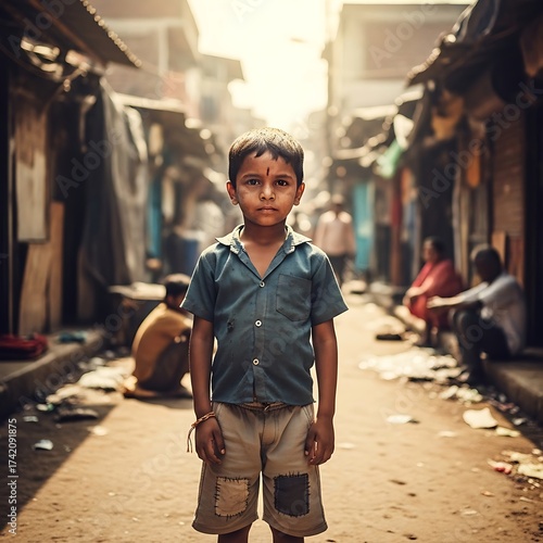 Resilient Child Standing in a Crowded Street in India.
