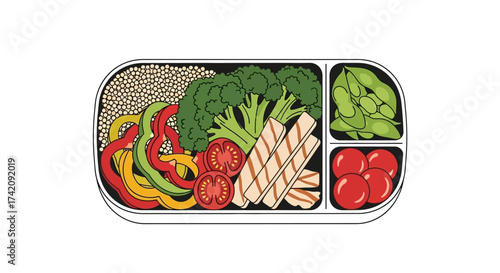 Flat lay of a healthy meal with chicken, broccoli, and assorted vegetables in a divided tray on a white background.