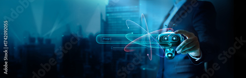 Businessman using Ai technology smart chatbot AI or artificial intelligence developed. Machine learning, Big data, Science and intelligence technology, Innovation for futuristic.