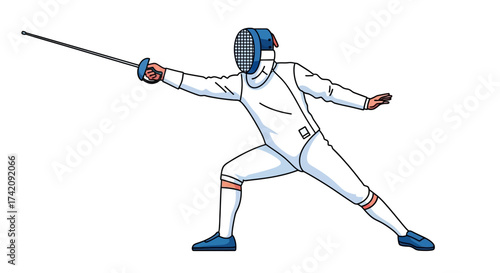 Illustration of a fencer in a fighting stance with a sword in a white uniform and blue accents on a clean white background.