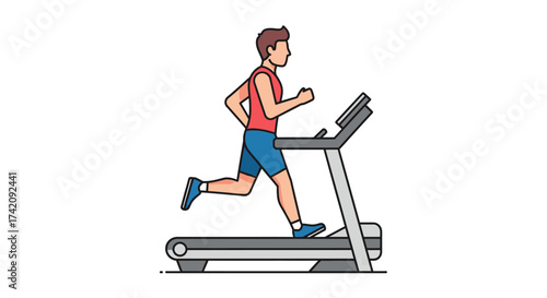 Man running on a treadmill in a minimalist setting with a neutral color palette.