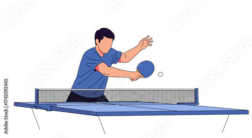 Illustration of a man playing table tennis with a paddle and ball on a blue table
