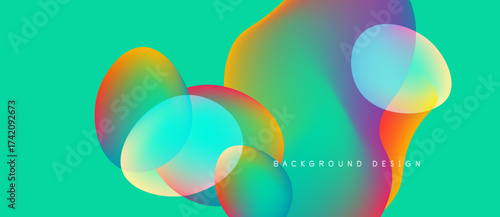 Abstract fluid shapes overlap, vibrant colors blend. Turquoise background complements dynamic composition, modern design element.
