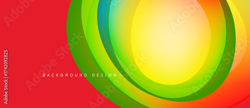 Abstract vibrant layers create dynamic circular design. Red background contrasts bright green, yellow, orange hues. Modern visual element.