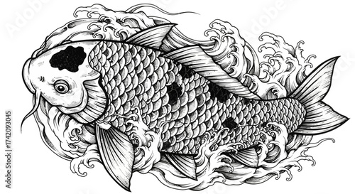 Detailed monochrome illustration of a koi fish swimming amongst stylized turbulent waves